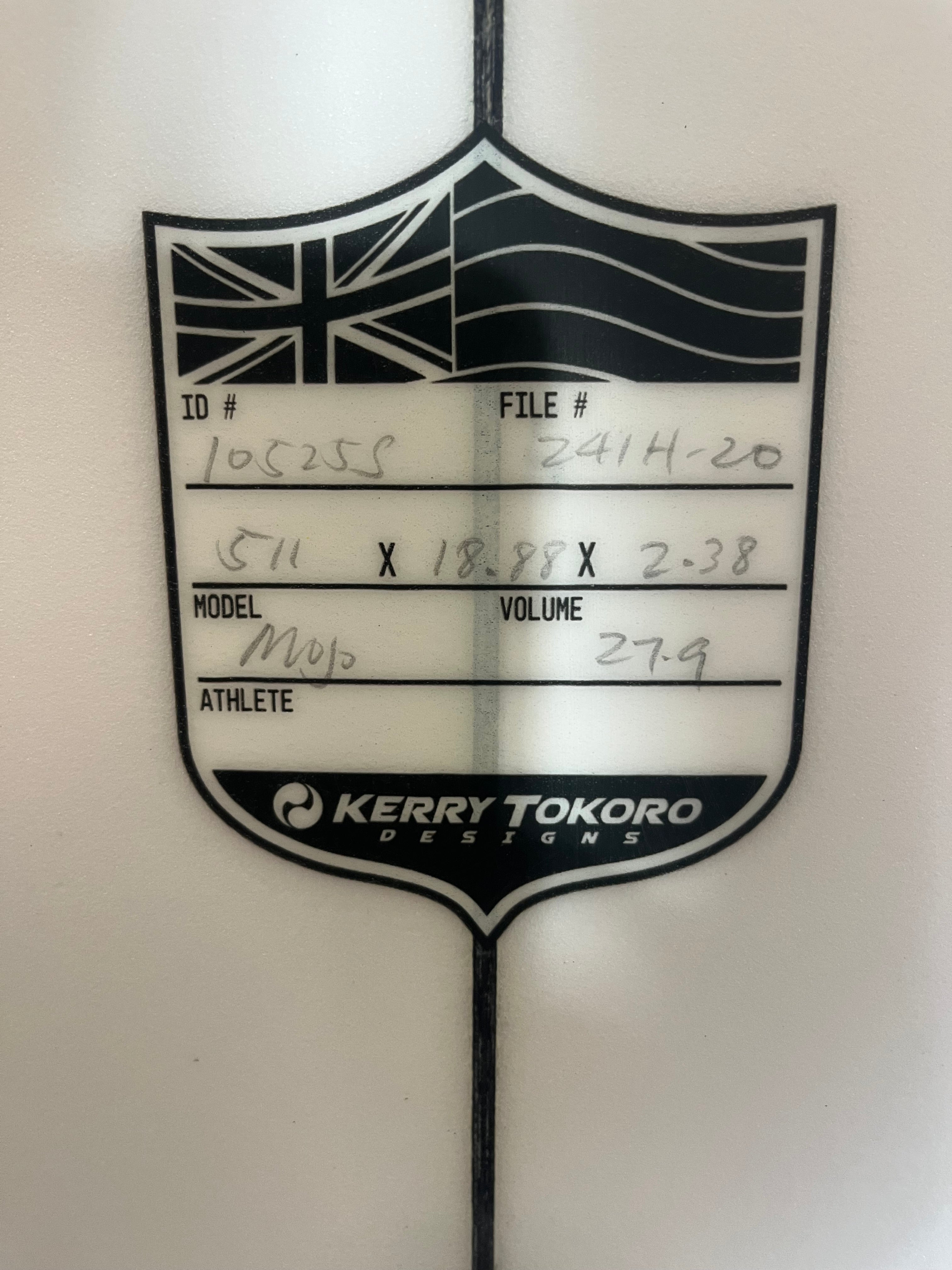 KERRY TOKORO 5`11" MOJO FUTURE FIN SQUASH TAIL SURBOARD KT 10525S - Image 3
